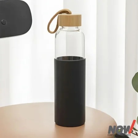 Reusable Glass Water Bottle 550 ml with Wooden Cap and Lanyard - AZ 01