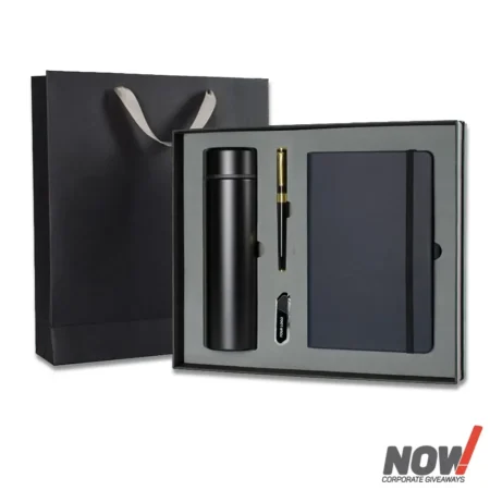 Custom Branded Box with A5 Notebook USB Flash Drive Metal Ballpen & Flask Bottle - C13