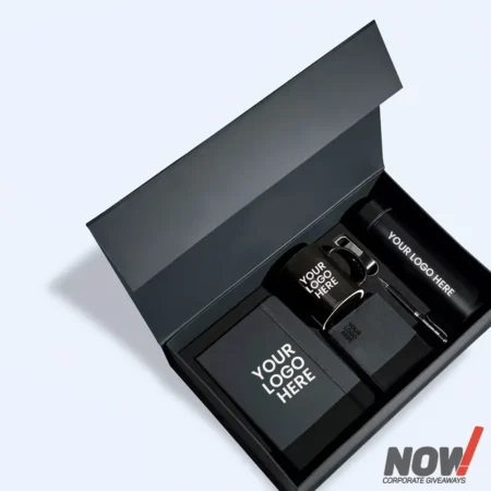 Branded Box with A5 Notebook Ceramic Mug Metal Keychain Metal Ballpen Flask Bottle & Leather Wallet- C11