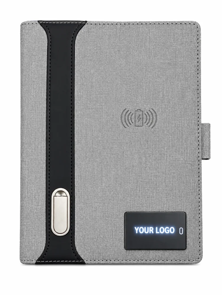 Grey notebook diary with wireless power bank